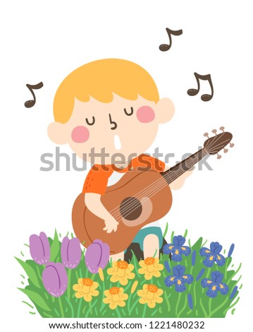 Illustration of a Kid Boy Playing an Acoustic Guitar and Singing a Song in the Garden