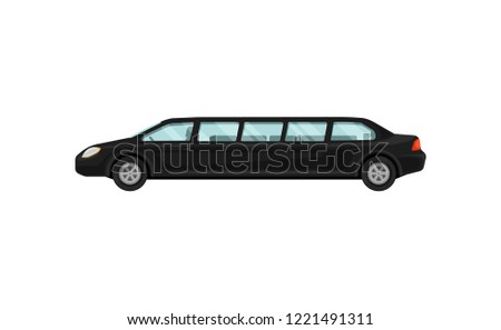 Black limousine. Airport limo service. Large, luxurious automobile. Luxury vehicle. Transportation theme. Flat vector design