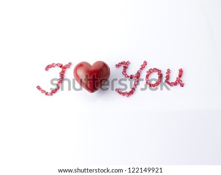 I love you illustration with a wooden red heart. Isolated on white background.