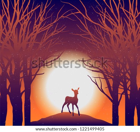  vector illustration of deer in sunset forest. nature landscape, stars, sunset glow, twilight
