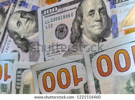 US one hundred dollar bills background. Money american hundred texture notes design. Financial concept. 