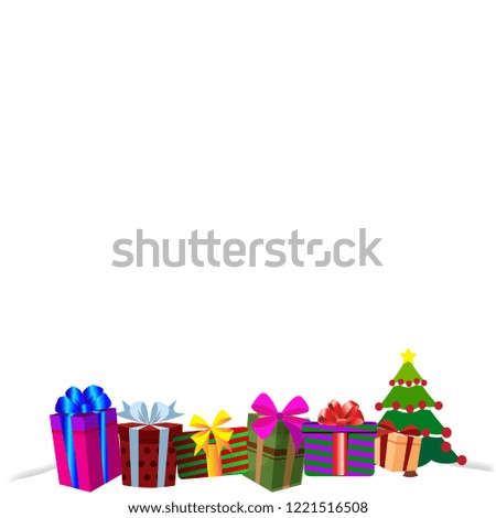 Colourful gift boxes on white snow drift, Christmas or new year border frame background. illustration of different size presents decorated by ribbons and bows. Greeting card template, clip art