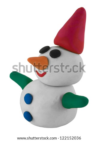 snowman with hand and hat made from clay on white