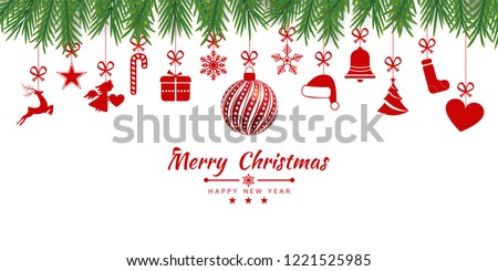 Christmas background with Christmas res balls, snowflakes, on white background