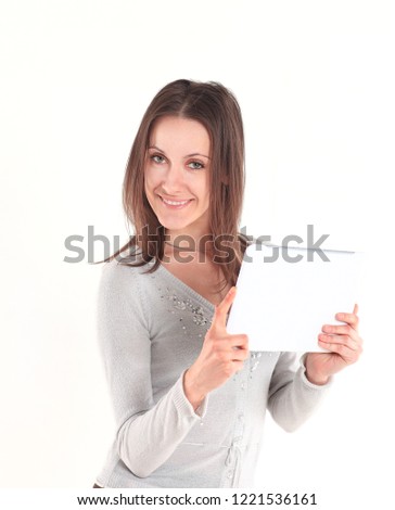 close up.creative woman with digital tablet on white background.photo with copy space