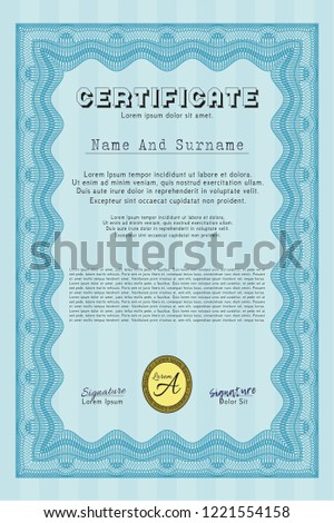 Light blue Certificate. With background. Customizable, Easy to edit and change colors. Cordial design. 