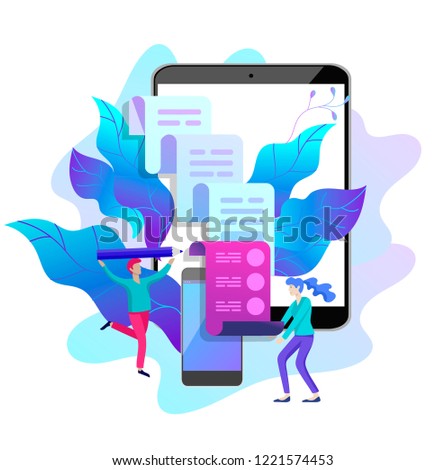 Concept vector illustration of business Blogging, people and education technology. Vector illustration news, copywriting, seminars, tutorial, creative writing, content management for web page, banner