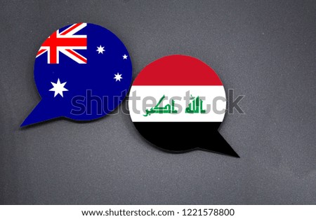 Australia and Iraq flags with two speech bubbles on dark gray background