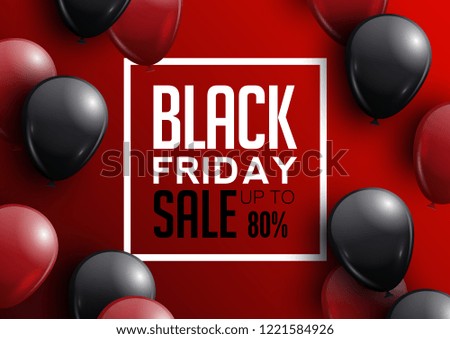 Black Friday Sale Poster with shiny balloons on red background with frame. 