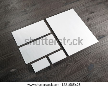 Blank corporate identity template on wooden background. Photo of blank stationery set. Mockup for branding identity.