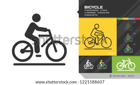Vector isolated bicycle black silhouette and editable stroke line icon. Bike symbol with rider on road color shape and outline pictogram.