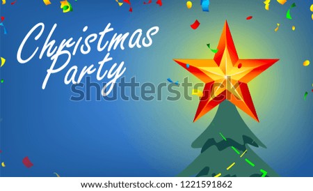 Christmas Party Banner With Shining Star And Confetti In Night Sky Vector. Isolated Illustration
