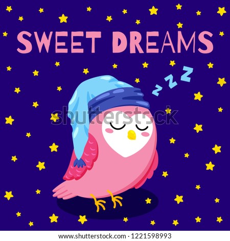 Cute cartoon vector postcard with sleeping owl. Sweet Dreams