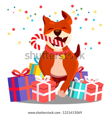 Happy Dog With Christmas Candy In Teeth Among Scattered Gifts. Isolated Illustration