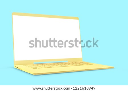 Mock up laptop yellow color with blank screen isolated and clipping path on blue background. concept pastel color, 3d render.