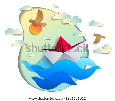 Origami paper ship toy swimming in ocean waves, beautiful vector illustration of scenic seascape with toy boat floating in the sea and birds in the sky. Water travel, summer holidays.