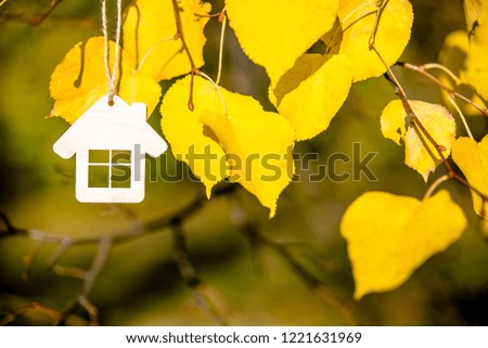 The symbol of the house hangs against the yellow autumn leaves 