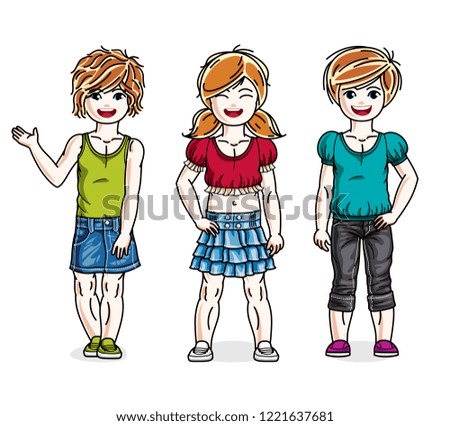 Little girls cute children group standing in stylish casual clothes. Vector diversity kids illustrations set. Childhood and family lifestyle clip art.