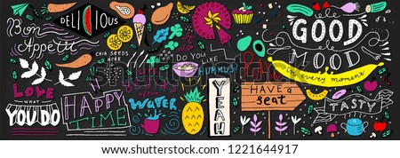 Chalkboard Doodle Food Banner. Cafe template design. Restaurant wall typography. Vector food chalk. 