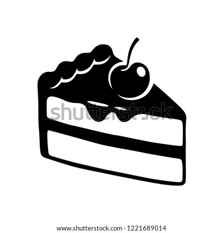 Hand drawn cake slice icon. Black and white cake with cherry and chocolate frosting, isolated vector illustration.
