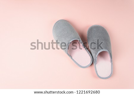 Gray and pink home slippers on a pastel paper background. Top view. Copy space. Toned Royalty-Free Stock Photo #1221692680