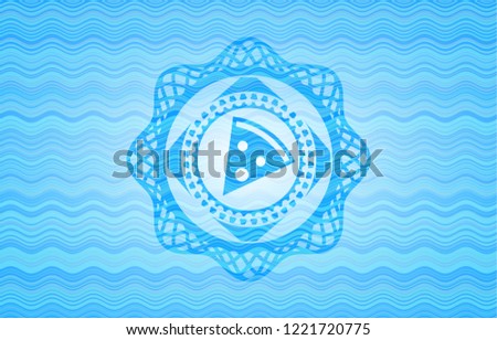 pizza slice icon inside water wave representation emblem background.