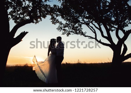 Silhouettes of bride and groom standing on the field before the red sunset