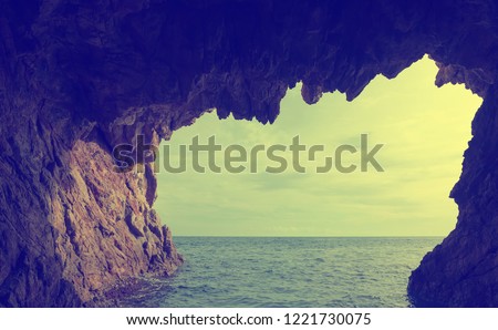 General view from grottos at Mediterranean coast in summer