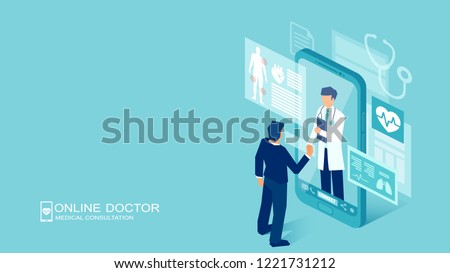 Vector of a patient meeting a doctor online using a smartphone technology, online medical consultation Royalty-Free Stock Photo #1221731212