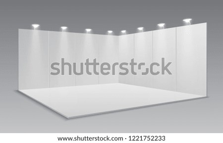 Blank display exhibition stand. White empty panels, promotional advertising stand. Presentation event room 3d template Royalty-Free Stock Photo #1221752233