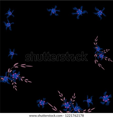 Floral Frame. Vector Square Pattern with Little Wild Flowers for Wallpaper, Brochure, Placard. Floral Decoration for Wedding or Birthday Invitation. Trendy Design on Black Background.