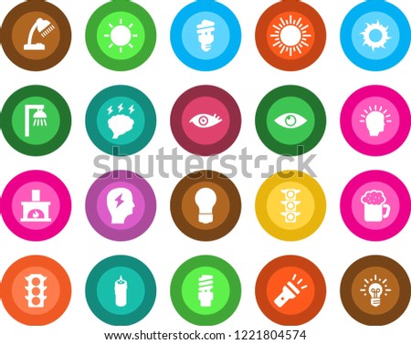 Round color solid flat icon set - sun vector, brainstorm, bulb, eye, traffic light, torch, desk lamp, fireplace, beer, candle, energy saving, outdoor, shining head, idea