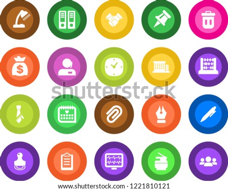 Round color solid flat icon set - office binder vector, abacus, pen, money bag, monitor pulse, medical calendar, clock, clipboard, drawing pin, paper clip, ink, support, desk lamp, tie, copier