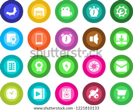 Round color solid flat icon set - washer vector, caterpillar, satellite, mobile, camera, protect, clock, alarm, mail, sim, download, video, sertificate, root setup, garage, sound, cart