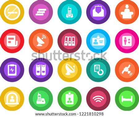 Round color solid flat icon set - elevator vector, no smoking, reception, identity card, book, document reload, pulse clipboard, office phone, satellite antenna, radio, mail, wireless, news, tray