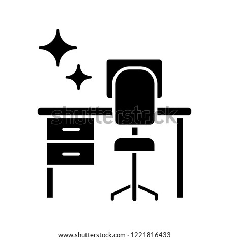 Cleaning table desk glyph icon. Silhouette symbol. Keeping workplace clean. Tidy home or office desk. Negative space. Vector isolated illustration