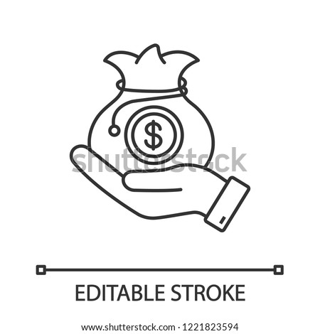 Venture capital linear icon. Business funding, budgeting. Thin line illustration. Investment. Private equity. Savings, earnings. Hand holding sack of money. Vector isolated drawing. Editable stroke