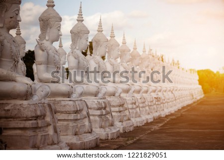 Row white buddha statue with sun light