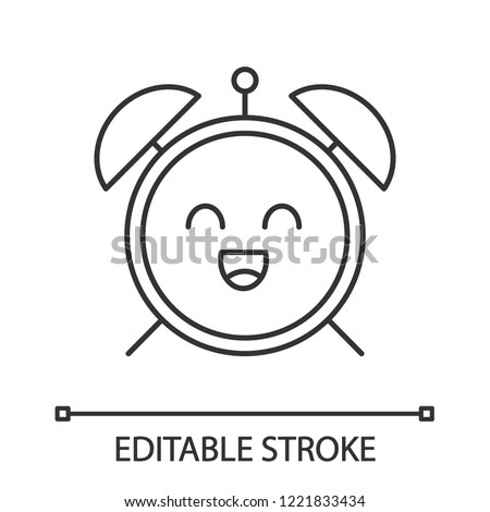 Smiling alarm clock linear icon. Good morning. Thin line illustration. Happy morning. Emoji, emoticon. Contour symbol. Vector isolated outline drawing. Editable stroke