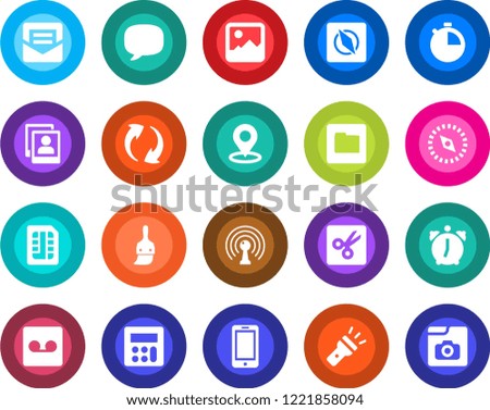 Round color solid flat icon set - mobile phone vector, antenna, message, update, gallery, themes, calculator, alarm, stopwatch, mail, record, sim, folder, torch, cut, place tag, compass, photo