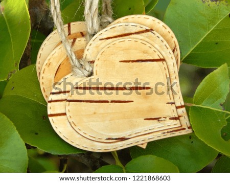 Handmade birch bark heart on green leaves