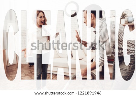 Man Cleaning the Floor in Room. Man Using Vacuum Cleaner. Woman Screaming on Man. Woman Holding a Megaphone. Man of Arab Nationality. Couple at Home. People Located in Home Interior.