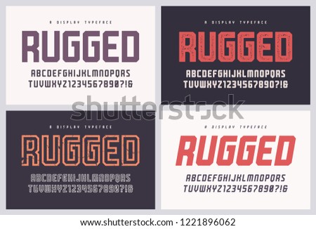 Rugged san serif vector font, alphabet, typeface, uppercase letters and numbers. Global swatches. Royalty-Free Stock Photo #1221896062