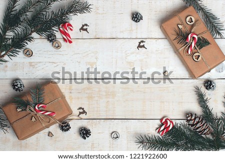 Christmas background, copy space, Christmas gift boxes with decorations