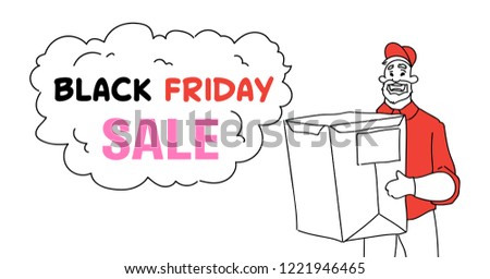 delivery man deliver hold box chat bubble cloud black friday concept courier service sketch doodle horizontal vector illustration