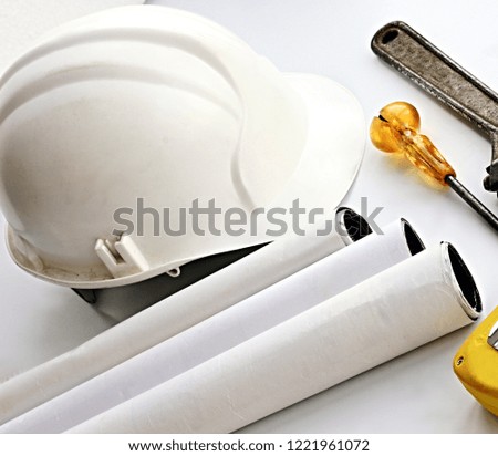 building plans on the table stock photo