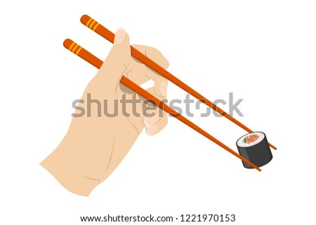 Hand holding asian chinese couple of chopstick with sushi roll. Finger and wooden stick position instruction. Isolated flat vector illustration