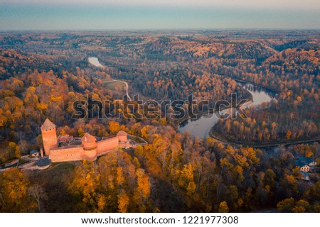 Amazing Aerial View over the Castle during Golden Hours, Sunset Time, Sigulda, Latvia, Touristic Place, Beautiful Wallpaper