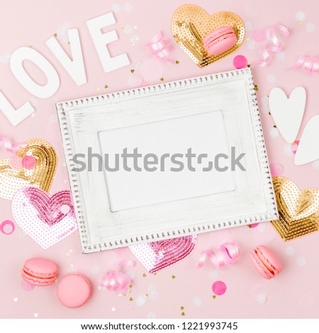 Mockup frame with  confetti and decorations. Festive or birthday party concept.. Flat lay, top view