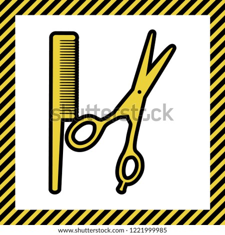 Barber shop sign. Vector. Warm yellow icon with black contour in frame named as under construction at white background. Isolated.